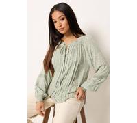M&Co Women's Petite Printed Tie Neck Blouse in Light Green | Size: 16 M&Co Light Green 16