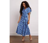 M&Co Women's Petite Printed Twist Side Wrap Dress in Bright Blue | Size: 8 M&Co Bright Blue 8