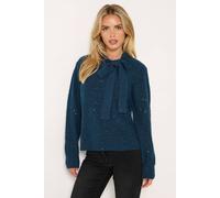 M&Co Women's Petite Sequin Tie Neck Jumper in Teal | Size: 12-14 M&Co Teal 12-14