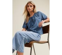 Petite Acid Wash Tie Neck Blouse M&Co Blue 14