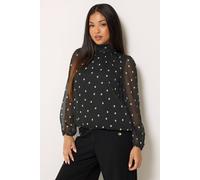 M&Co Women's Petite Spot Print Tie Neck Chiffon Blouse in Black | Size: 12