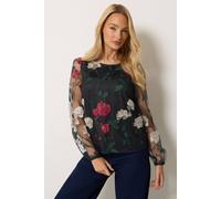 M&co Rose Embroidered Mesh Top In Black Black