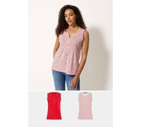 M&Co Women's 2 Pack Printed Sleeveless Henley Tops in Red | Size: 14 M&Co Red 14