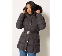 M&Co Women's Belted Faux Fur Trim Coat in Chocolate | Size: 14