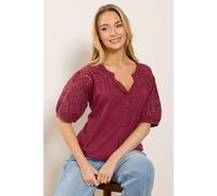 M&Co Women's Broderie Cotton Half Placket Top in Burgundy | Size: 20