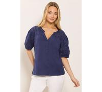 M&Co Women's Broderie Cotton Half Placket Top in Mid Navy | Size: 14