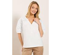 M&Co Women's Broderie Cotton Half Placket Top in White | Size: 14