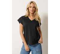 M&Co Women's Broderie V-Neck Cotton T-Shirt in Black | Size: 16