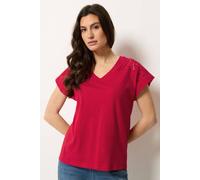 M&Co Women's Broderie V-Neck Cotton T-Shirt in Red | Size: 14 M&Co Red 14
