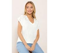 M&Co Women's Broderie V-Neck T-Shirt in White | Size: 18 M&Co White 18