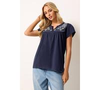 M&Co Women's Embroidered Cotton Notch Neck Top in Mid Navy | Size: 18 M&Co Mid Navy 18