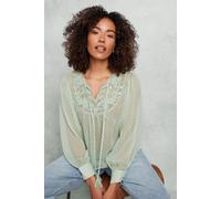 M&Co Women's Embroidered Dobby Tie Neck Blouse in Light Green | Size: 12 M&Co Light Green 12