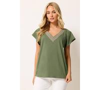 M&Co Women's Embroidered Trim Cotton T-Shirt in Olive | Size: 18
