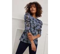 M&Co Women's Floral Print Mesh Ruched Sleeve Top in Black | Size: 26-28 M&Co Black 26-28