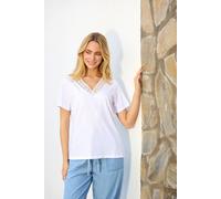M&Co Women's Lace Trim V-Neck Cotton T-Shirt in White | Size: 14