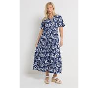 M&Co Women's Leaf Print Notch Neck Cotton Maxi Dress in Dark Blue | Size: 12 M&Co Dark Blue 12