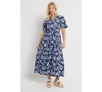 M&Co Women's Leaf Print Notch Neck Cotton Maxi Dress in Dark Blue | Size: 16 M&Co Dark Blue 16