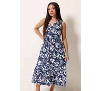 M&Co Petite Blue Leaf Print Sleeveless Cotton Midi Dress - Women's
