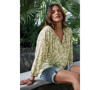 Leaf Print Tie Neck Linen Blouse M&Co Green 12