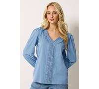 M&Co Women's Long Sleeve Frill Cotton Blouse in Blue | Size: 14 M&Co Blue 14