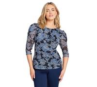 M&Co Womens Navy Blue Floral Print Mesh Ruched Sleeve Top - Women's