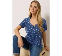 M&Co Women's Palm Tree Print Cotton Henley Top in Mid Navy | Size: 20 M&Co Mid Navy 20