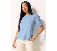 M&Co Petite Blue Broderie Cotton Puff Sleeve Top - Women's