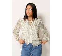 M&Co Women's Petite Floral Ruffle Tie Neck Blouse in Ivory | Size: 10 M&Co Ivory 10