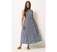 M&Co Women's Petite Leaf Print Tiered Cotton Maxi Dress in Mid Navy | Size: 8 M&Co Mid Navy 8