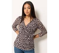 M&Co Petite Brown Polka Dot Mesh Sleeve Wrap Top - Women's