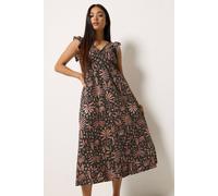 M&Co Women's Petite Printed Frill Sleeve Midi Dress in Black | Size: 12