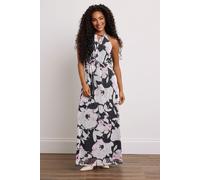 M&Co Women's Petite Printed Mesh Knot Front Halter Dress in Black | Size: 10 M&Co Black 10