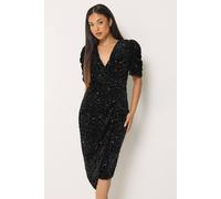 M&Co Women's Petite Sequin Velvet Short Sleeve Wrap Dress in Black | Size: 18 M&Co Black 18