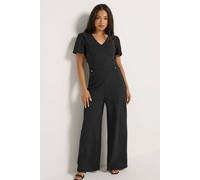 M&Co Women's Petite Short Sleeve Button Tab Jumpsuit in Black | Size: 12