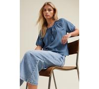 M&Co Women's Petite Short Sleeve Tie Neck Blouse in Blue | Size: 12 M&Co Blue 12