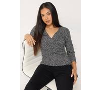M&Co Women's Petite Spot Print Long Sleeve Wrap Top in Black | Size: 12