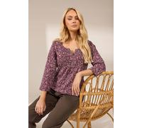 M&Co Women's Printed Cotton Henley Top in Purple | Size: 14