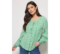 M&Co Women's Printed Trim Detail Tie Neck Blouse in Green | Size: 10 M&Co Green 10