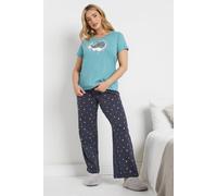 M&Co Women's 'Purrfect' Cotton Wide Leg Pyjama Set in Blue | Size: 10/12