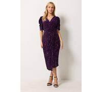 M&Co Women's Velvet Short Sleeve Sequin Wrap Dress in Purple | Size: 16