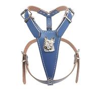 M&D Beautiful Blue Leather Dog Harness Medium Size with French Bulldog Head Motif