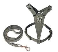 M&D Beautiful Grey Leather Dog Harness and Leash with French Bulldog Head Motif and Matching Leather Lead