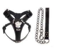 M&D Black Leather Dog Harness with Staffordshire Bullterrier Head Motif & Knot and Matching Chain Lead