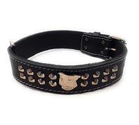 M&D Staffy Black Top Grain Leather Dog Collar with Studded Design and Staffordshire Bull Terrier Head Motif 1.5" Wide (Small: 16" - 20")