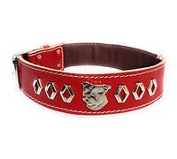 M&D Staffy Red Leather Dog Collar with Decorative Design and Staffordshire Bull Terrier Head Motif 1.5" Wide (Medium: 18" - 22")