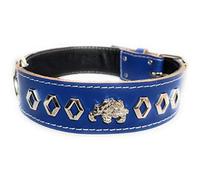 M&D Unique 1.5" Wide Leather Dog Collar with Decorative Design and English/British Bulldog Badge (Large: 20" - 24", Blue)