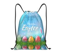 M Drawstring Easter Egg Bunny Grass Wooden Print Bags Backpack Lightweight | Gym Traveling Tote Sport Storage Beach Swimming Shopping Yoga String Trip Sack Dance Travel