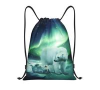 M Drawstring Northern Lights Polar Bear Print Bags Backpack Lightweight