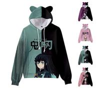 (M, Green) Unisex Demon Slayer Printed Hoodies Sweatshirt Casual Pullover Cat Ear Hooded Jumper Tops