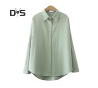 (M, green) Women's Long Sleeve Shirt Solid Color Button Up Lapel Blouse Breathable Casual Loose Fit Shirt for Work Daily Life Travel